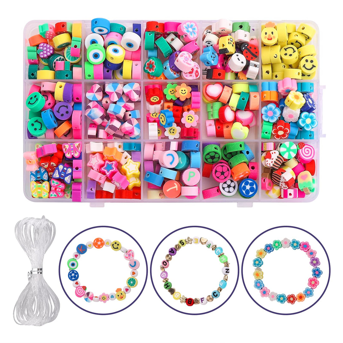Abeillo 300PCS Polymer Clay Beads, 15 Styles Cute Fruit Flower Smiley Face Beads Loose Spacer Clay Beads Trendy DIY Bracelet Accessories for Girls Jewelry Making with 5m Elastic String