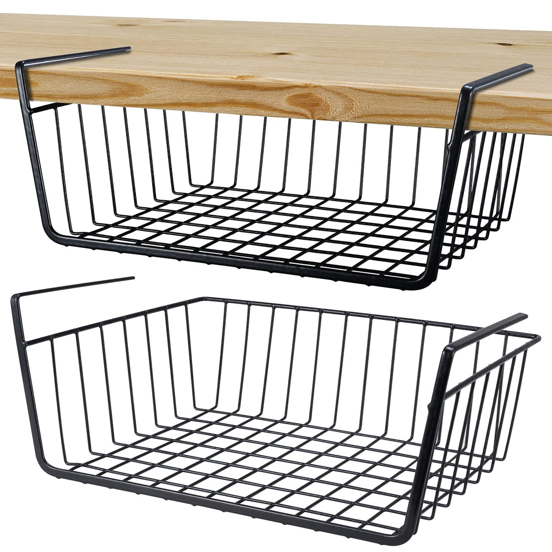 Undershelf Storage Basket - Metal Wire Hanging Bin for Kitchen Pantry Bookshelf - Space Saving Household Organizer (Medium, 2 PCS)