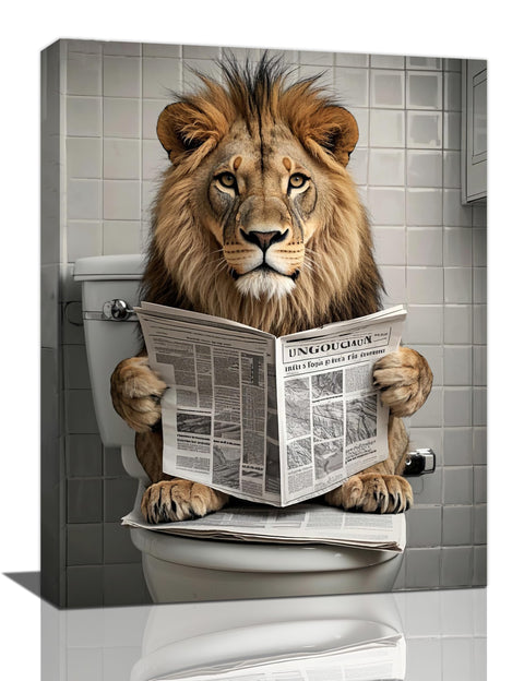 Funny Lion Bathroom Wall Art Cute Lion Toilet Wall Decor Pictures Animal Bathroom Canvas Prints Painting Home Decorations Restroom Artwork Ready to Hang Framed Gifts 12"x16"