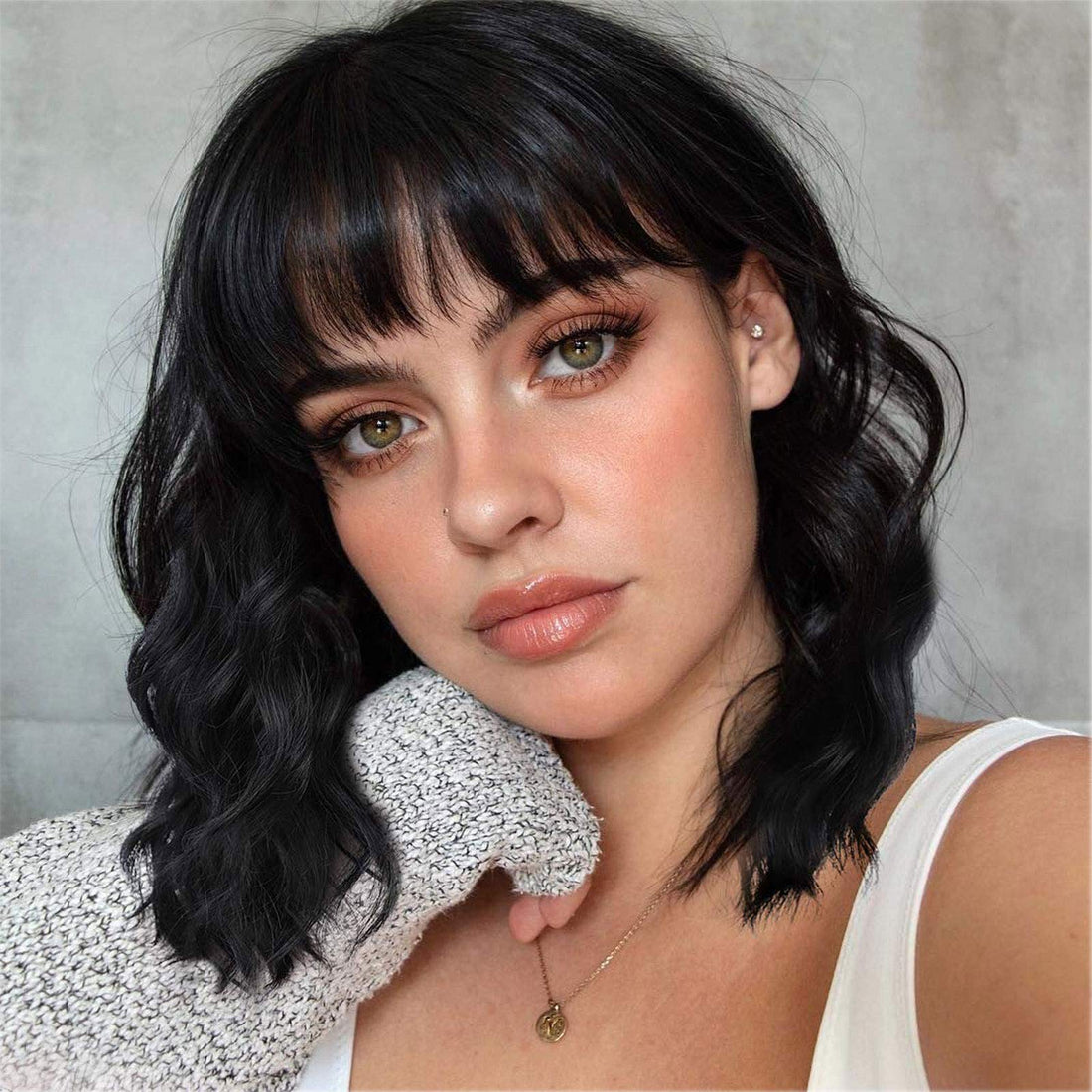 ECIF Black Wig With Bangs Short Bob Wavy Wigs For Women Shoulder Length Curly Women’S Wig Heat Resistant Synthetic Cosplay Daily Wig(14 Inches) …