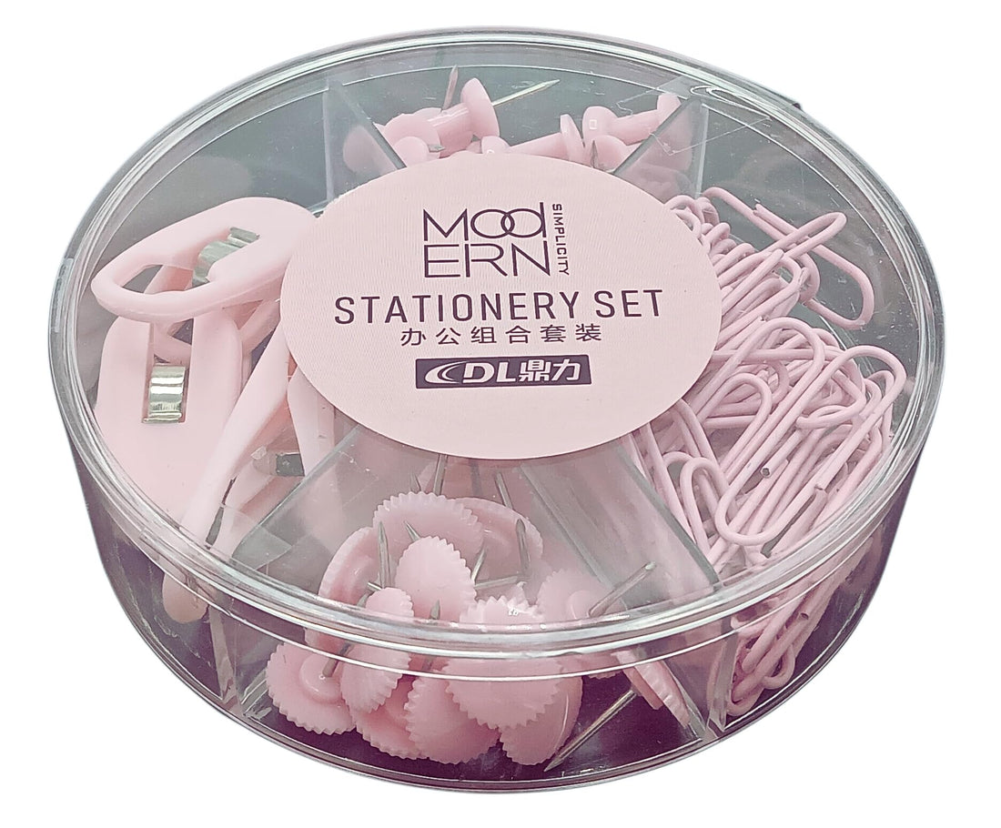 GOLD LEAF 94 Pieces Office Supplies Set, 4 Plastic Clips, 3mm 50 Paper Clips/20 I-Pins/20 Toothed Pins for School Desk Accessories Organizer with Box for Home Office School (Pink)
