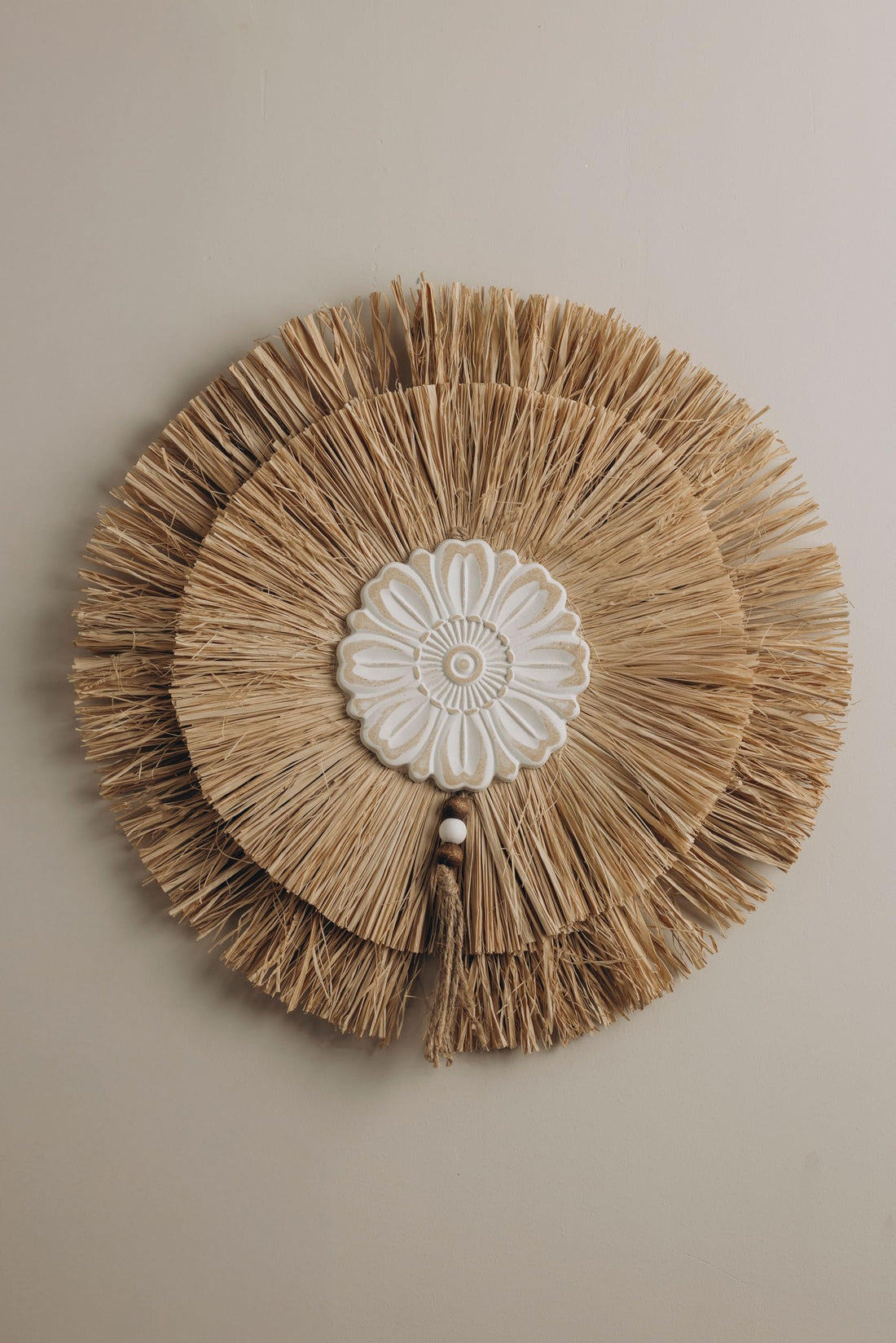 Words Co. Boho Straw Flower Medallion Wall Art - Large 43cm Woven Raffia & Wood Decor - Nature-Inspired