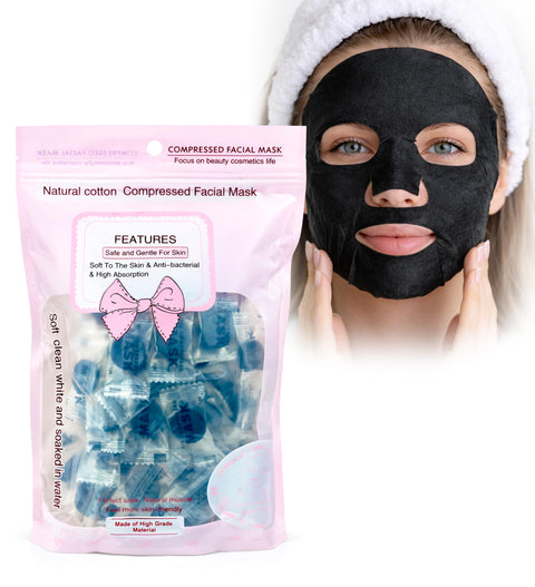 Face Mask - Natural Cotton Compressed Facial Mask, Soft On Skin & Anti Bacterial, Safe & Gentle For Skin, High Absorption, Soft Clean White & Soaked In Water, About 100 Black Mask