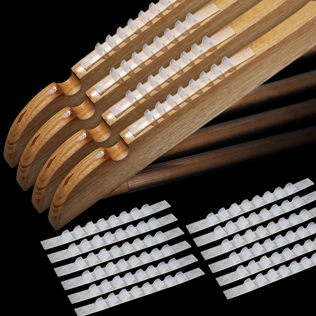 Bukela Non-Slip Hanger Grips for Wood Hangers Clear Rubber Adhesive Strips 2.8 x 0.2 Inch With Fins Clothes Hanger Grippers (200 Pieces)