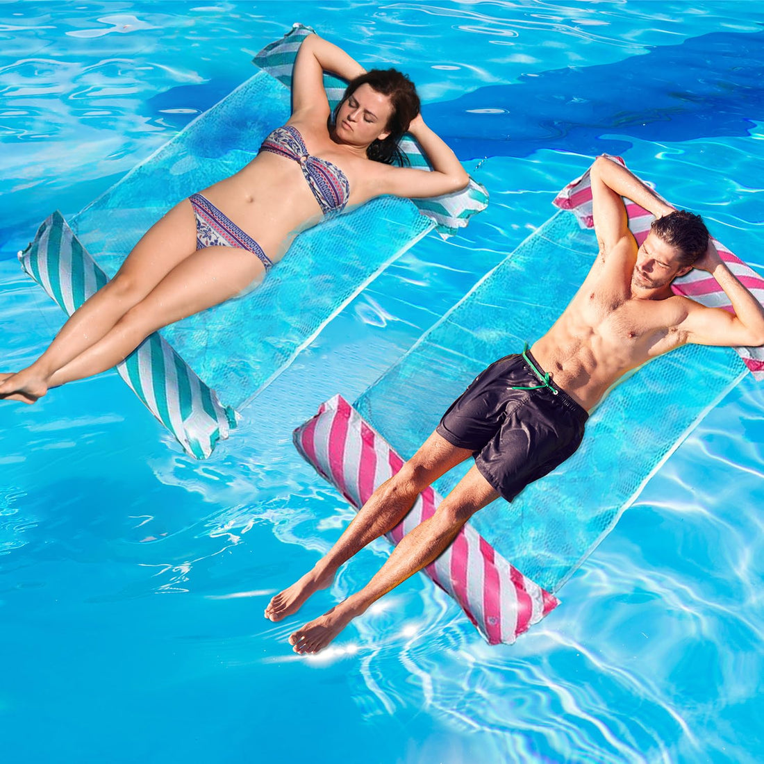 Inflatable-Pool Float-Inflatable Water-Hammock Pool-Float for Adult Size Water Hammock Lounger, Portable Water Hammock with Bottom Mesh, Swimming Water Floating Raft (Blue+Pink)
