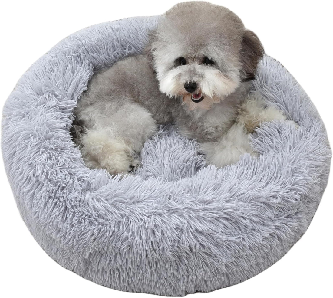 Pet Bed for Relaxing Anxiety and Stress Relief, Plush Donut Bed Soft Round Pet Bed with Anti-Slip Bottom and Waterproof for Small Medium Dogs and Cats (Grey, 50cm)