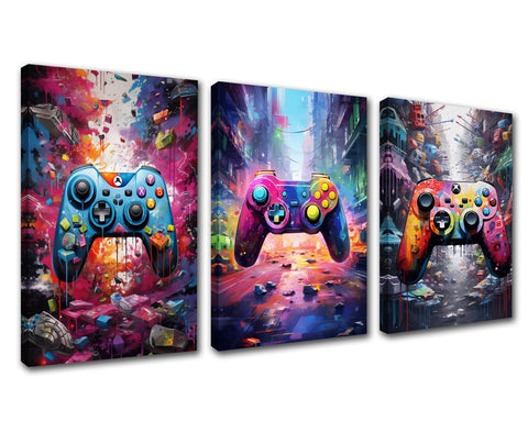 Colorful Game Sign Canvas Wall Art Colorful Boy Gift Picture Wall Decor Watercolor Gaming Themed Prints Poster for Office Home Wall Decor Modern Artwork Stretched Easy to Hang-Ruined City 42”Wx20”H