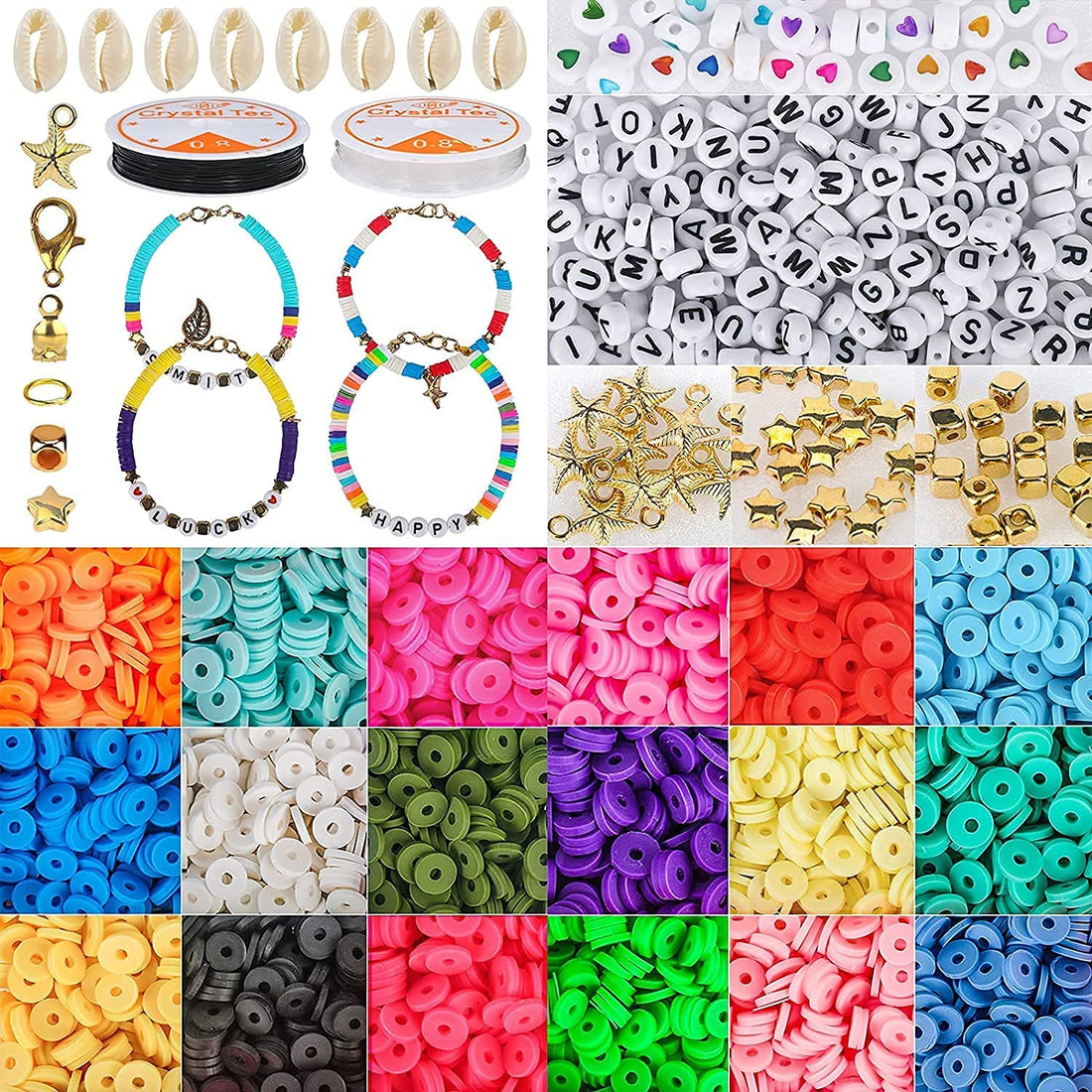 Beauenty 5000 Pcs Clay Beads for Jewelry Making with 250 pcs Letter Beads for Bracelets Making Kit Included 18 Colors 6mm Flat Round Spacer Clay Beads (5000pc)