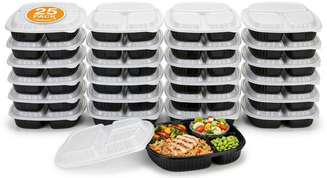 Meal Prep Containers Plastic 3 Compartment with Clear Lid, Microwave Safe Food Storage Containers, Reusable Food Containers – 25 Pieces