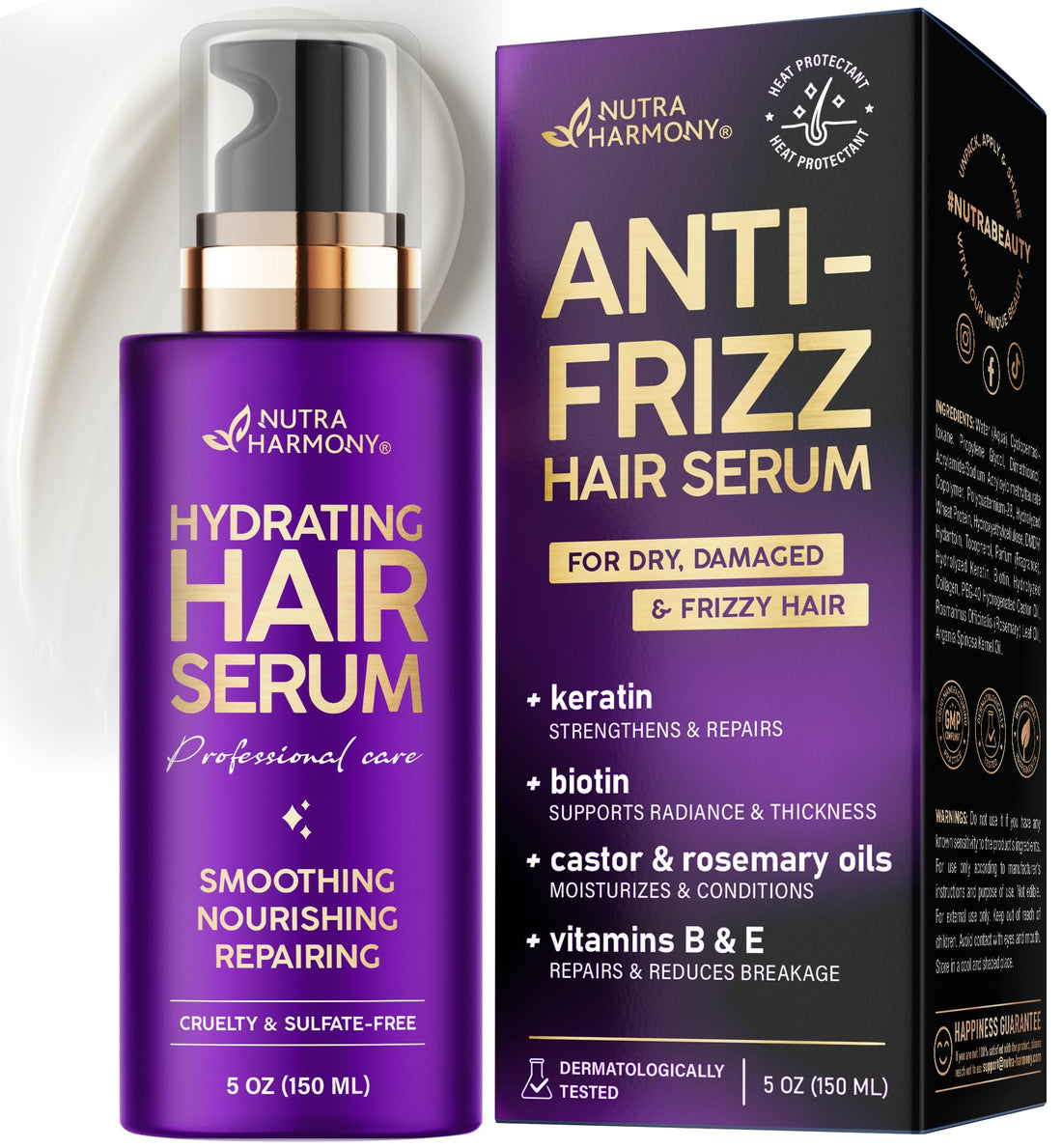 Hydrating Hair Serum for Frizzy and Damaged Hair - Keratin Hair Treatment for Dry Damaged Hair w/ Biotin, Castor Oil, Rosemary Oil, Hair Heat Protectant & Anti Frizz Hair Serum For Frizzy Hair, 5 Oz