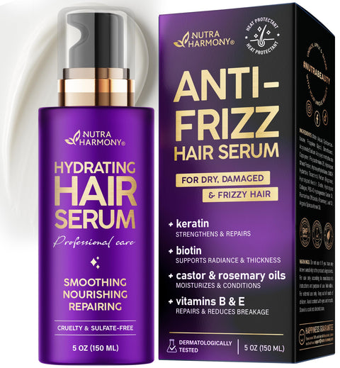 Hydrating Hair Serum for Frizzy and Damaged Hair - Keratin Hair Treatment for Dry Damaged Hair w/ Biotin, Castor Oil, Rosemary Oil, Hair Heat Protectant & Anti Frizz Hair Serum For Frizzy Hair, 5 Oz