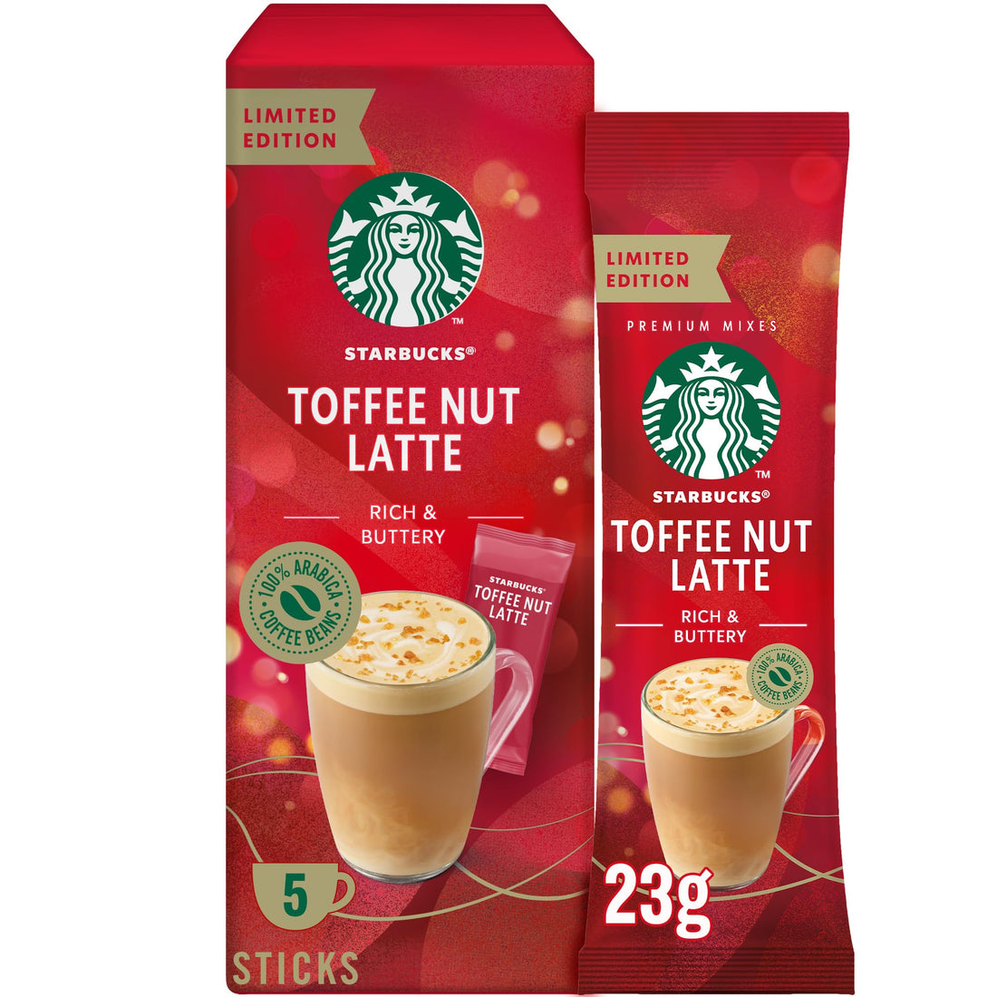 STARBUCKS Toffee Nut Latte Limited Edition Medium Roast Premium Mix, 115g Box of 5 x 23g Sticks