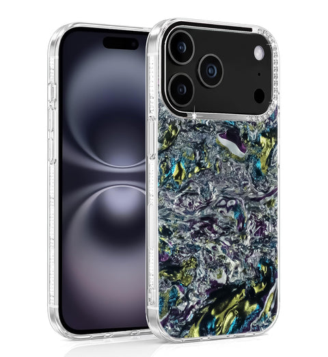 Dl3 Mobilak Shiny Marble Case for iPhone 17 Pro Max, Glossy Glitter Hard Back Cover with Soft TPU Frame Bumper, Rhinestone Camera Frame, Slim Shockproof Protective Phone Case - Multi Color