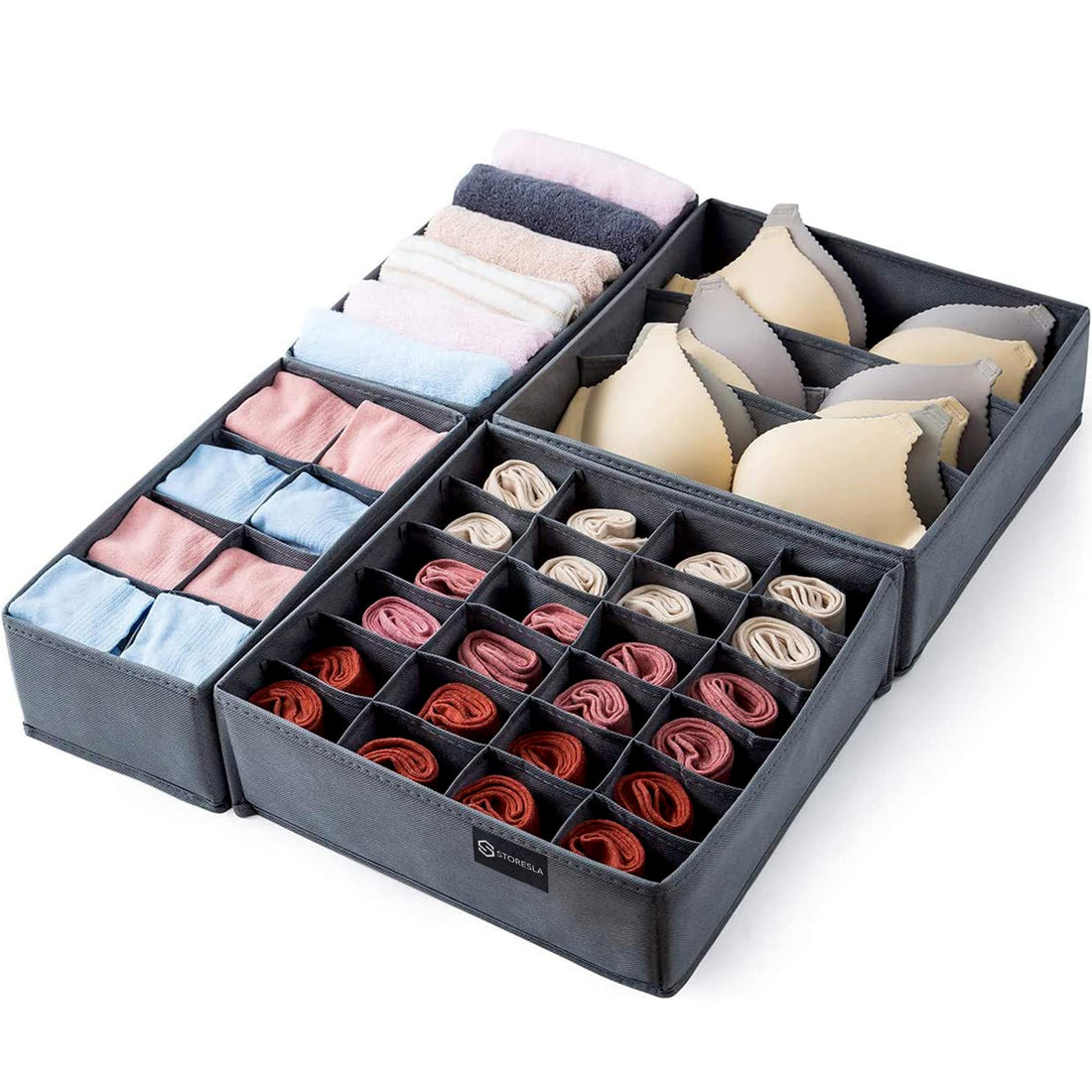STORESLA™ 4 PCS Drawer Organizer, Wardrobe Clothes Storage Organizer Box, Underwear Bra Organiser Closet Drawer Divider for Skirts Socks Bras Panties & Scarf (GREY)