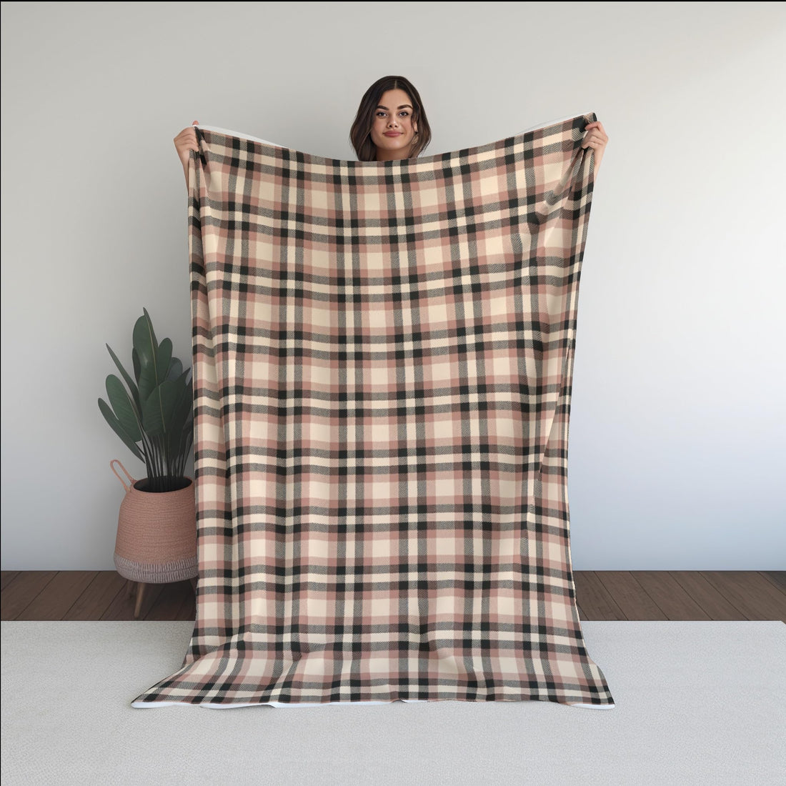 Plaid Throw Blanket- 120x160cm - Beige, Black, and Green - warm Soft Velvet Fabric - Perfect for Cold Winter Nights