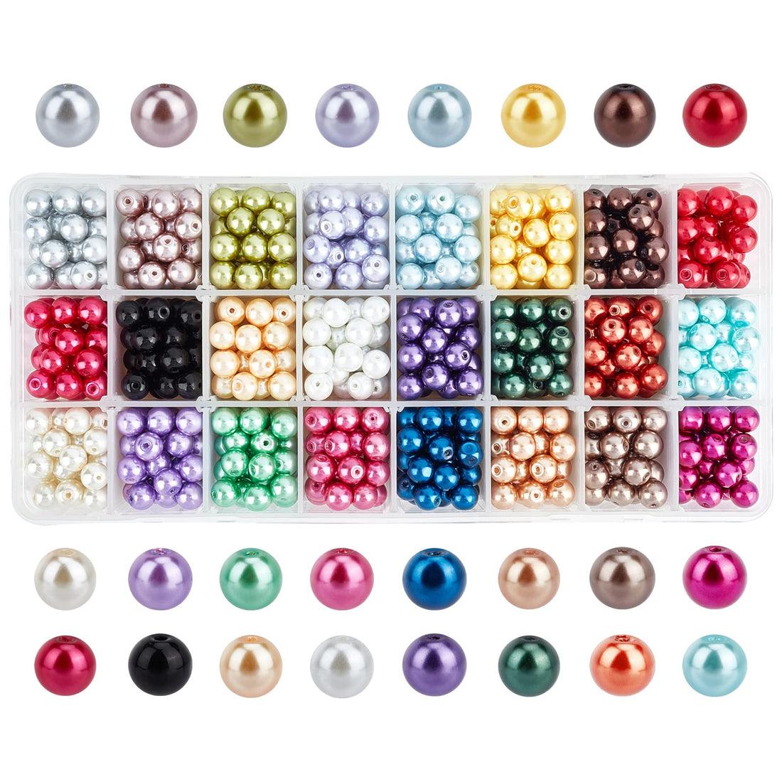 PandaHall Elite Pack of 24 Colours Pearl Glass Round Bead Complexion Environment for DIY Jewellery Making Necklace Bracelet 6 mm Hole0.7 ~ 1.1 mm approx. 1440pcs Box glass Couleur Melangee 6 8mm