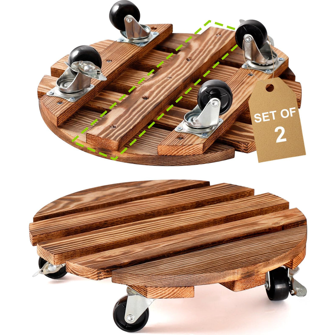 Naici PETSUPS 2pack Plant Caddy Wood Plant Stand with Wheels 12 Inch-30CM Plant Pot Trolley with Metal Lockable Caster Wheels Heavy Duty Rolling Plant Stand