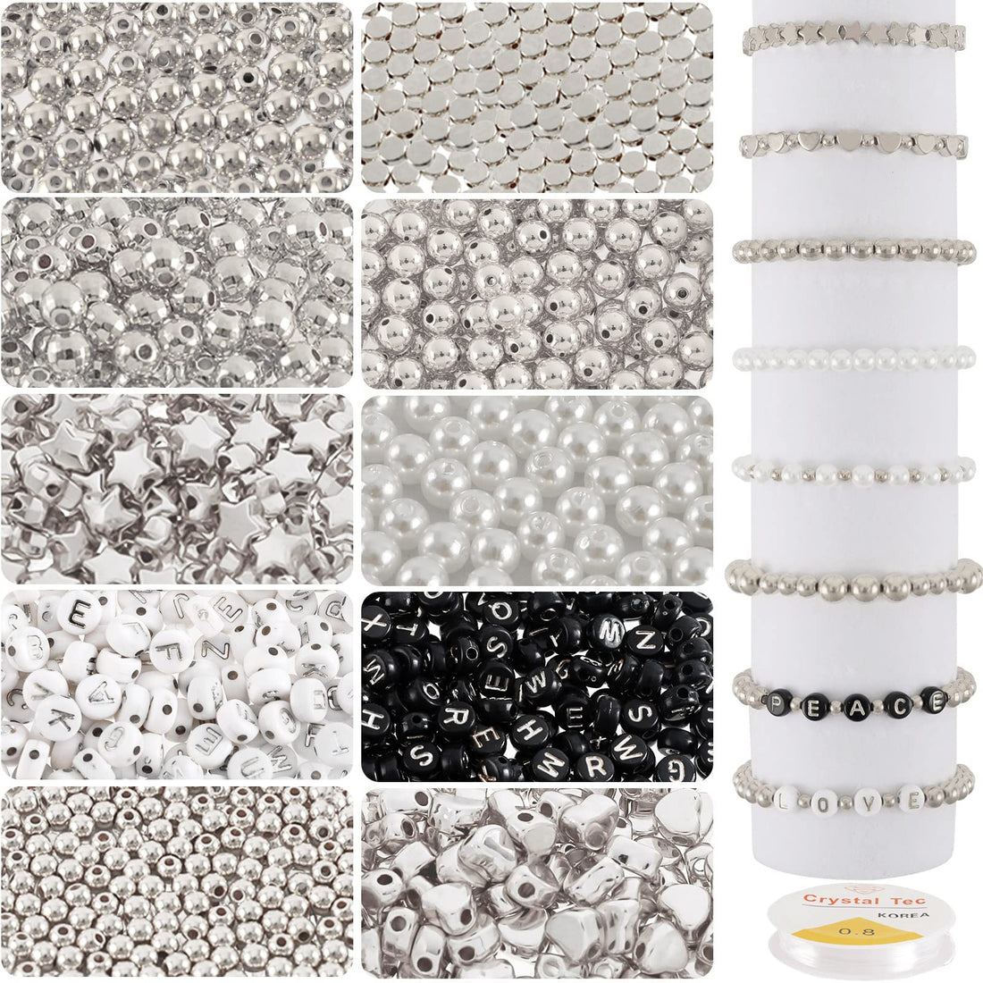 Whaline 1500Pcs Silver Bead Making Kit 3 Sizes Round Spacer Beads White Pearl Beads Silver Ball Heart Star Flat Beads Alphabet Letter Bead with Elastic String for DIY Jewelry Making Necklace Bracelet
