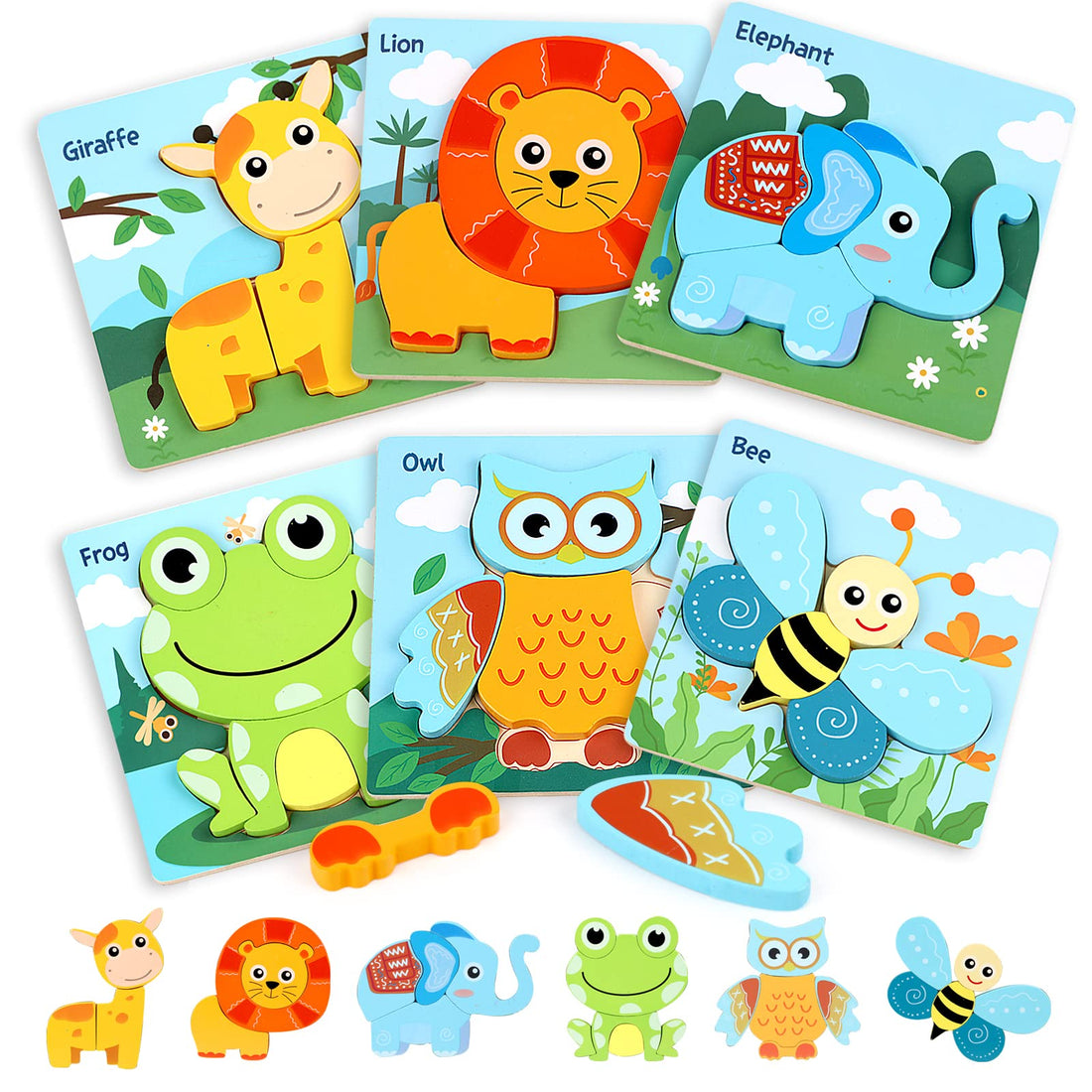 Wooden Puzzles for Toddlers, 6 Pack Animal Jigsaw Puzzles Toys for Travel, Educational STEM Sensory Toys, Montessori Toys Toddler Wooden Pegged Puzzles for Kid Age 1 2 3+ Girl Boy Gifts