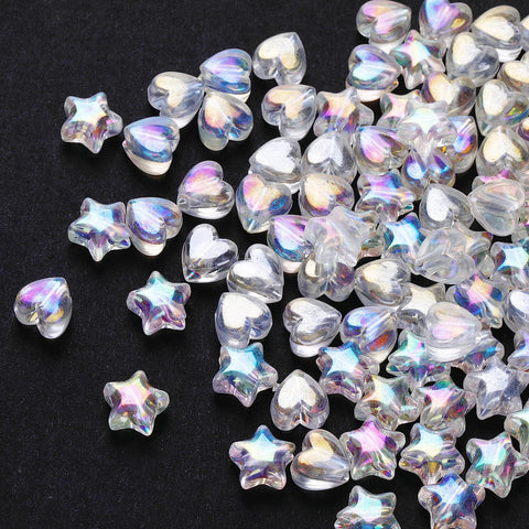 100 PCS Acrylic Heart Beads Star Beads, AB Color Clear Heart Star Shape Spacer Beads Arcylic Star and Heart Charming Beads for DIY Jewelry Bracelet Necklace Making Supplies with 1 Roll Crystal String