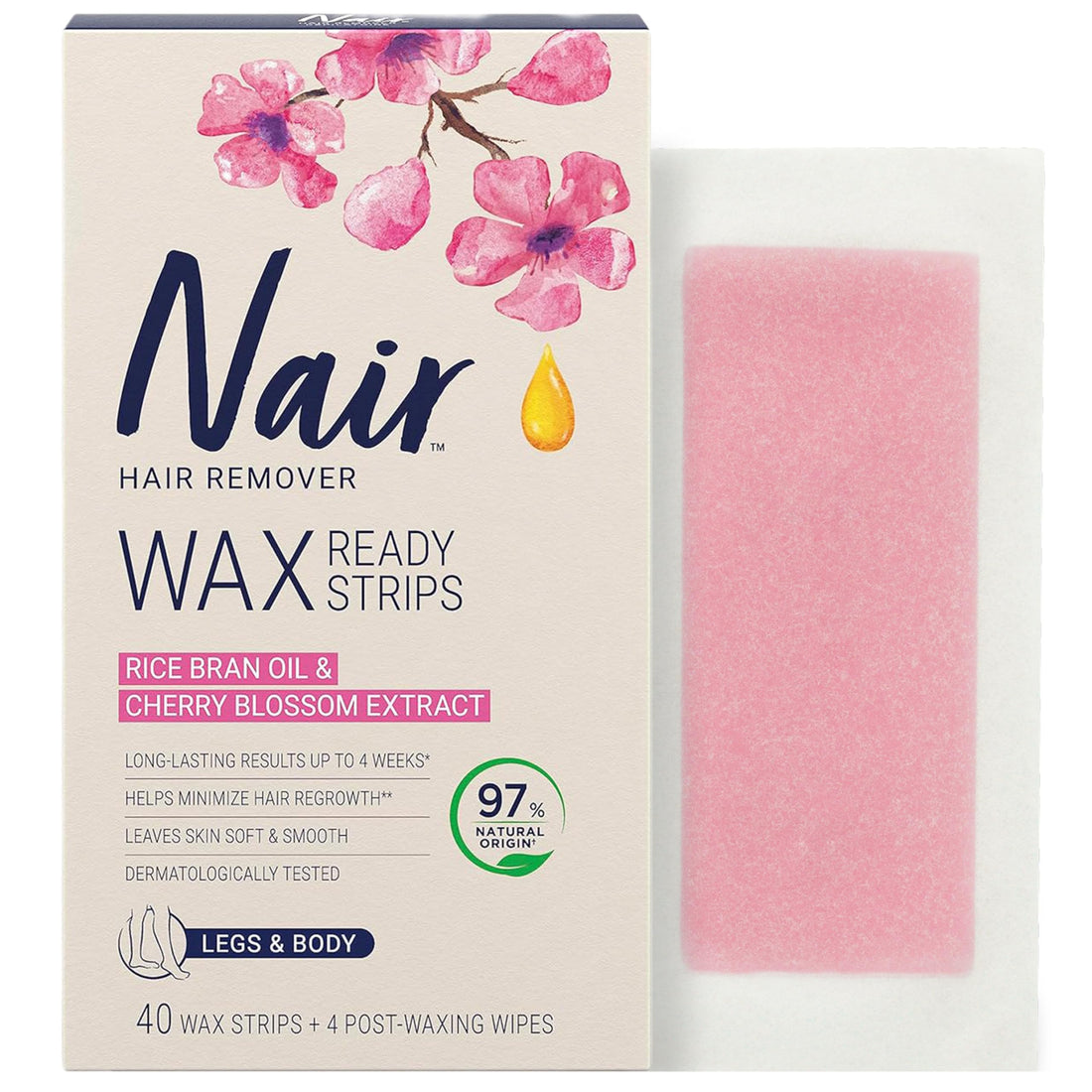Nair Wax Ready Strips for Legs & Body with Rice Bran Oil, 40 Strips + 4 Finishing Wipes, Packaging May Vary