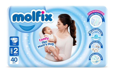 Molfix Baby Diaper Open Size 2, Twin Pack, 3-6 KG, 40 Units, Molfix Open Diapers, Size 2, 3-6KG, Twin Pack, 40 Count, Cotton Material