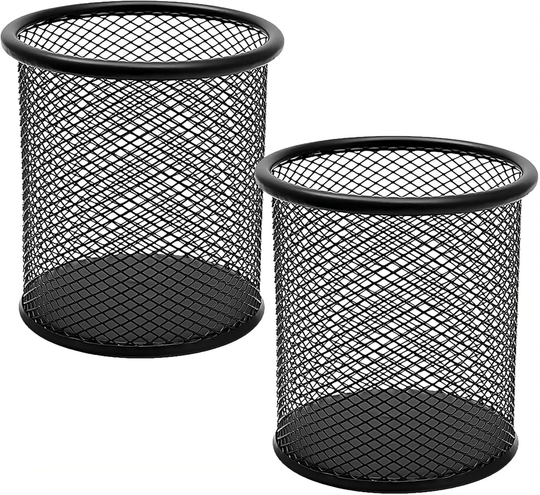 Generic Metal Pen Pot, Black, 2 Pack, Round, 2 Compartments, 30g, 10x5x5cm, Office/Home/School Desk Organizer
