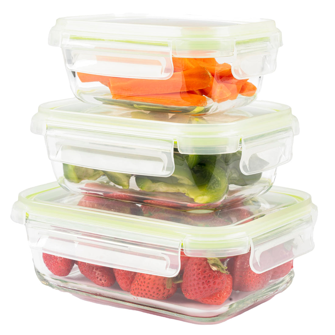 Set of 3 Rectangular Glass Food Containers | Airtight Lid | Dishwasher, Oven, Microwave and Freezer Safe | BPA Free (3 Pack, Green)