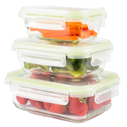 Set of 3 Rectangular Glass Food Containers | Airtight Lid | Dishwasher, Oven, Microwave and Freezer Safe | BPA Free (3 Pack, Green)