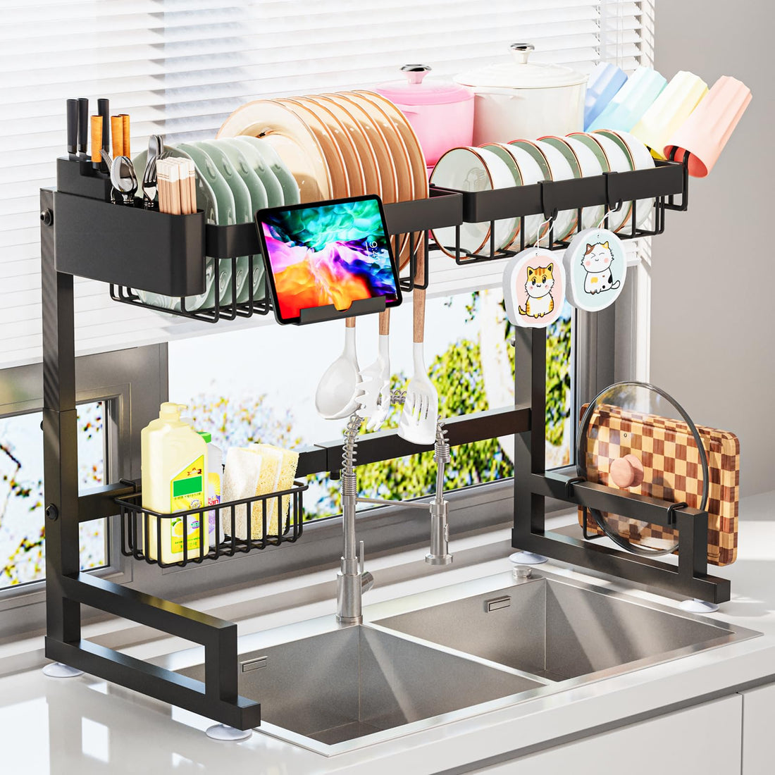 Tiba home Large 2-Tier Over Sink Dish Drying Rack (Expandable Height and Length, 20"-85" L)