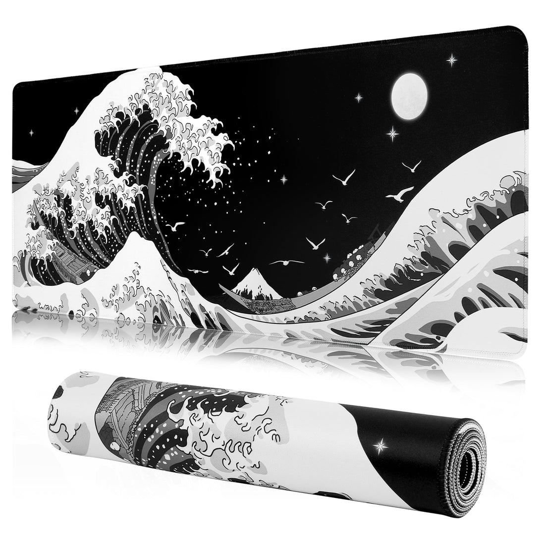 Gaming Mouse Pad for Desk,Large Sea Wave Mousepad Laptop,Black White Japanese Anime Mouse Mat,Long XXL Waterproof Keyboard Pads,Big Non-Slip Mouse Pads for Game Office Home（35.4 x 15.7 in）