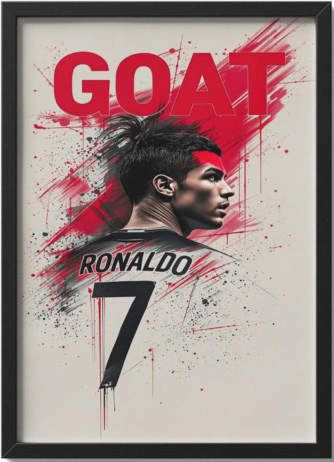 C. Ronaldo Framed Wall Art, GOAT Football Legend Portrait, Black Frame, 40x30 cm, Modern Pop Art Style, Ready to Hang