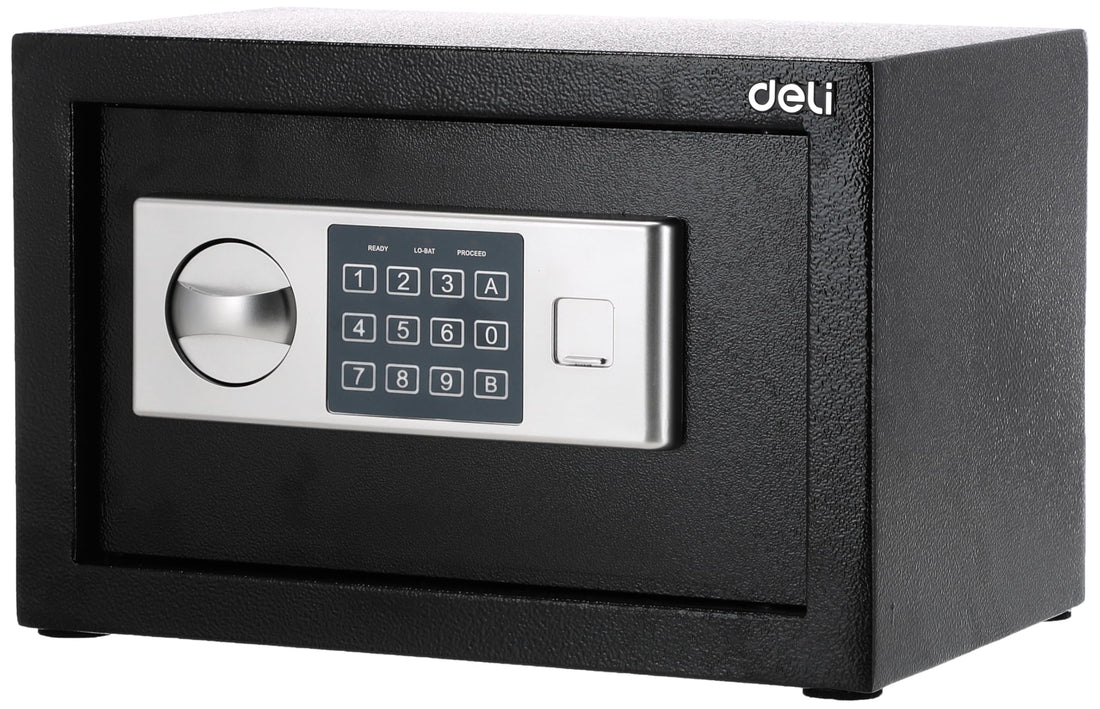 Deli ET520 Digital Safe Box with Keypad and Key, 200 mm x 310 mm x 200 mm Size, Black