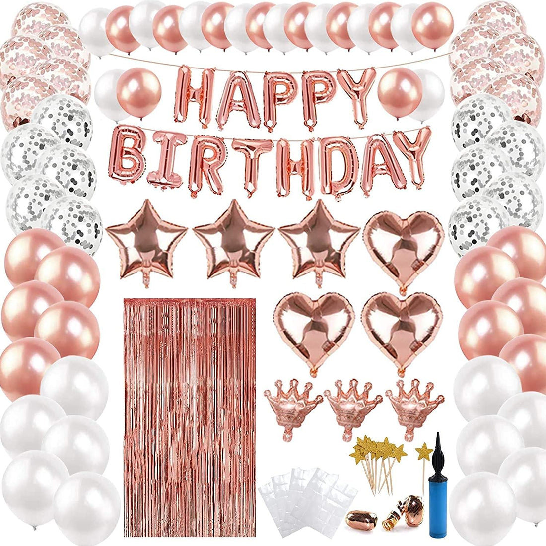 Mea Secret 100pcs Rose Gold Heart & Star Birthday Party Decorations, Happy Birthday Banner, Latex Balloons, Foil Balloons, Balloon Pump