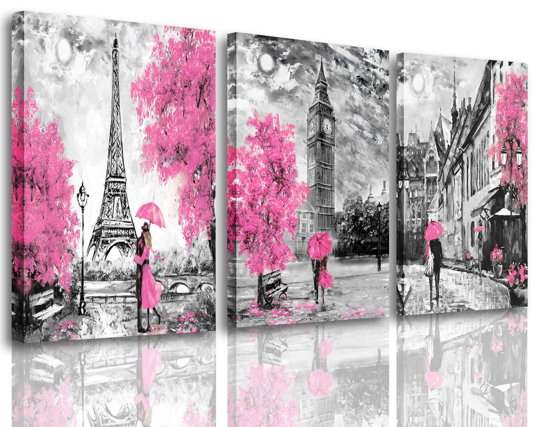 Black and White Wall Art Pink Paris Theme Canvas Prints Eiffel Tower Wall Paintings London Big Ben Pictures for Bedroom Living Room Ready to Hang16 x24,3 Panels