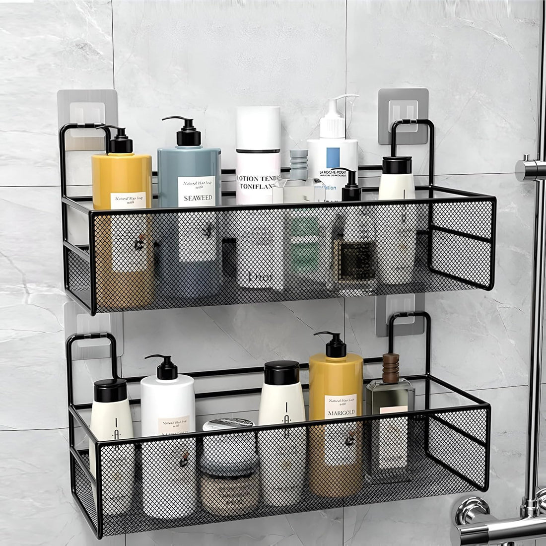 Rust-Resistant Black Metal Mesh Shower Shelf No Drill Hanging Bathroom Organizer Caddy for Shampoo and Accessories Wall Mounted Rack 35 x 14 cm