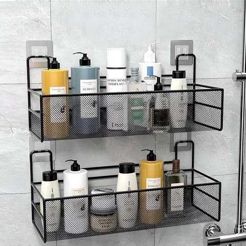 Rust-Resistant Black Metal Mesh Shower Shelf No Drill Hanging Bathroom Organizer Caddy for Shampoo and Accessories Wall Mounted Rack 35 x 14 cm
