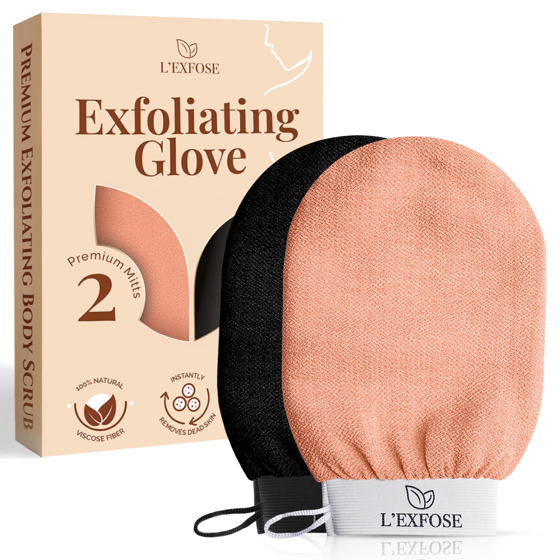L'Exfose Moroccan Kessa Exfoliating Glove 2pc - Korean Exfoliating Mitt for Body Ideal for Dead Skin Remover, Keratosis Pilaris & Self-Tanning to Improve Skin Tone Made with 100% Natural Viscose