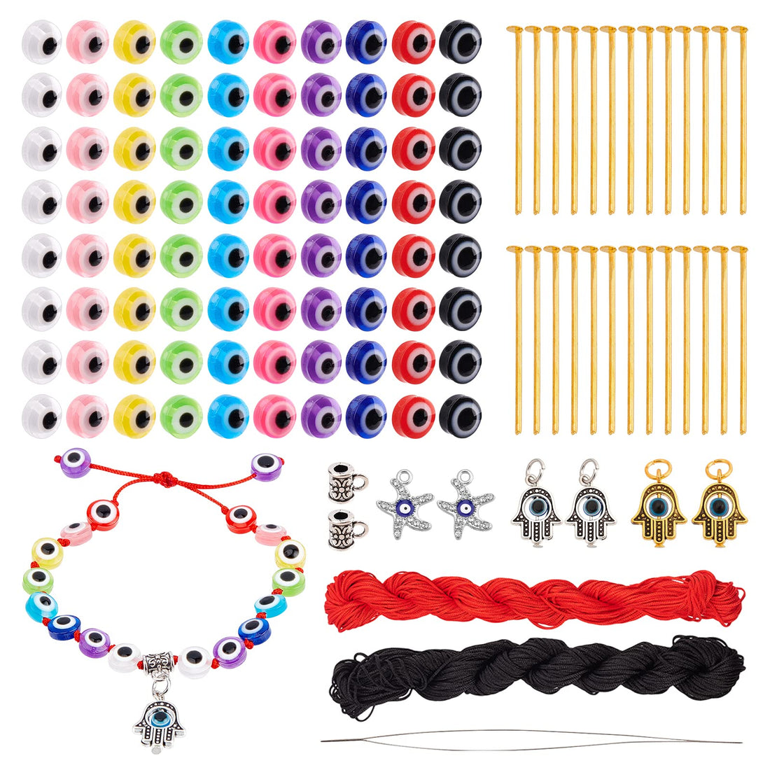 NBEADS 477 Pcs Evil Eye Jewelry Kit, Including 8mm Flat Round Resin Evil Eye Beads, Hamsa Hand Evil Eye Alloy Charms, Flat Head Pins, Hanger Links and 2 Rolls Nylon Trim Cord for DIY Jewelry Making