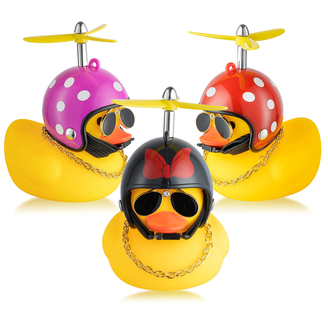 3Pack Mouse Rubber Duck Toy Car Ornaments Yellow Duck Car Dashboard Decoration Funny Mouse Duck Toy Gift Mouse Inspired Duck Car Motorcycle Bicycle Decoration with Propeller Helmet Sunglasses Necklace