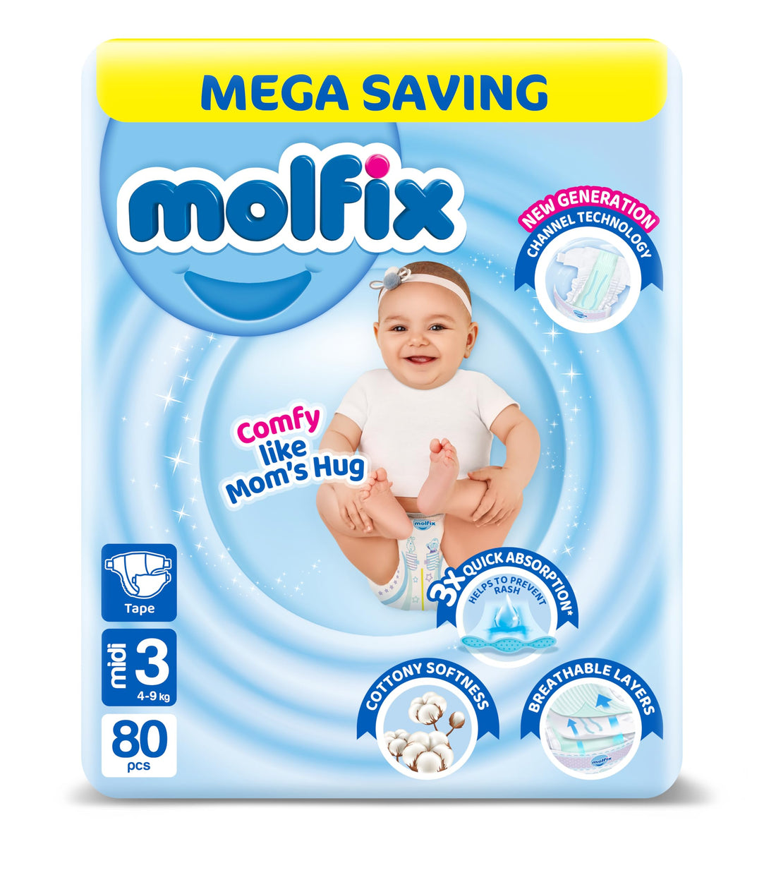 Molfix Baby Diaper Open Size 3, Mega Pack, 4-9 KG, 80 Units, Molfix Open Diapers, Size 6, 4-9 KG, Mega Pack, 80 Count, Cotton Material