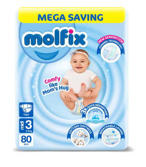 Molfix Baby Diaper Open Size 3, Mega Pack, 4-9 KG, 80 Units, Molfix Open Diapers, Size 6, 4-9 KG, Mega Pack, 80 Count, Cotton Material