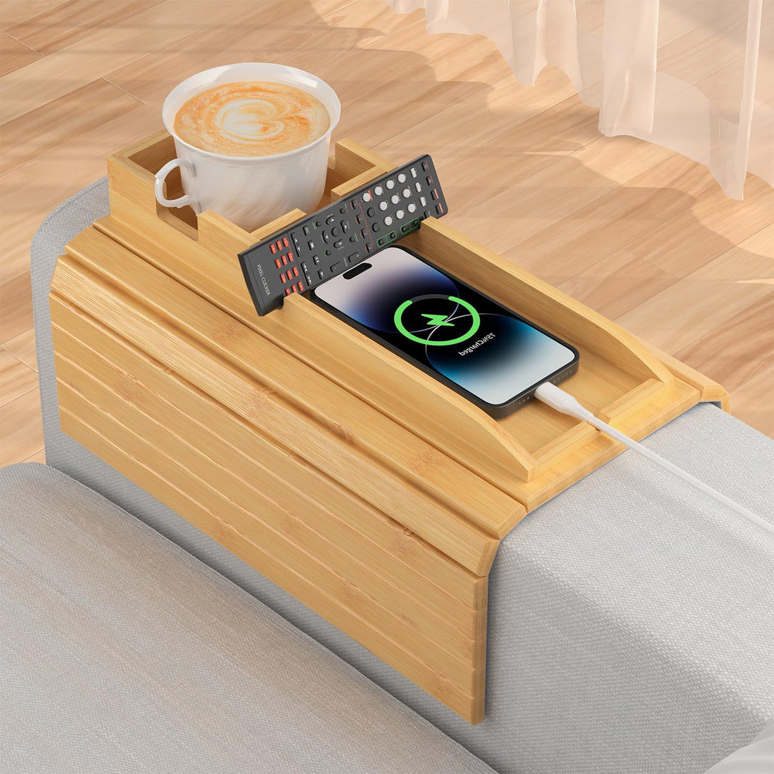 KASTWAVE 2-in-1 Bamboo Sofa Armrest Tray with Cup Holder – Foldable Non-Slip Couch Arm Table, Flexible Detachable Bamboo Drink Holder for Sofa, Remote, Phone, Snacks
