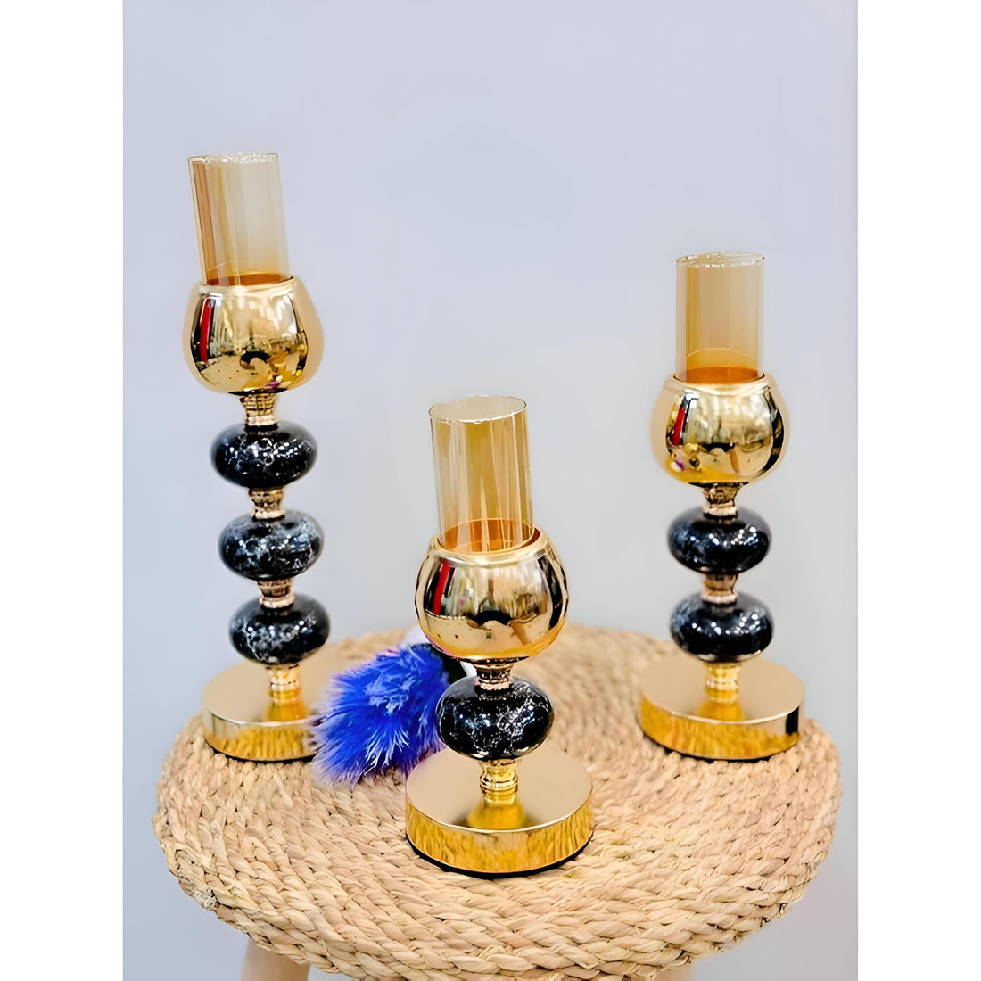 Luxury Accent - Handmade metal candle holder set with black stone finish, ideal décor centerpiece for weddings, celebrations, dinner parties, and sophisticated living areas