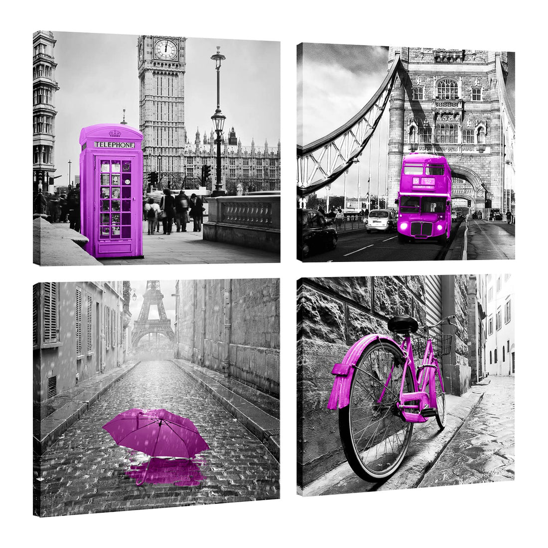 4Pcs Urban Landscape Framed Wall Art Eiffel Tower London Big Ben Pictures Painting for Wall Canvas Prints Decor for Living Room Bathroom Bedroom Aesthetic Home Office Wall Decorations 12 x 12 Inch