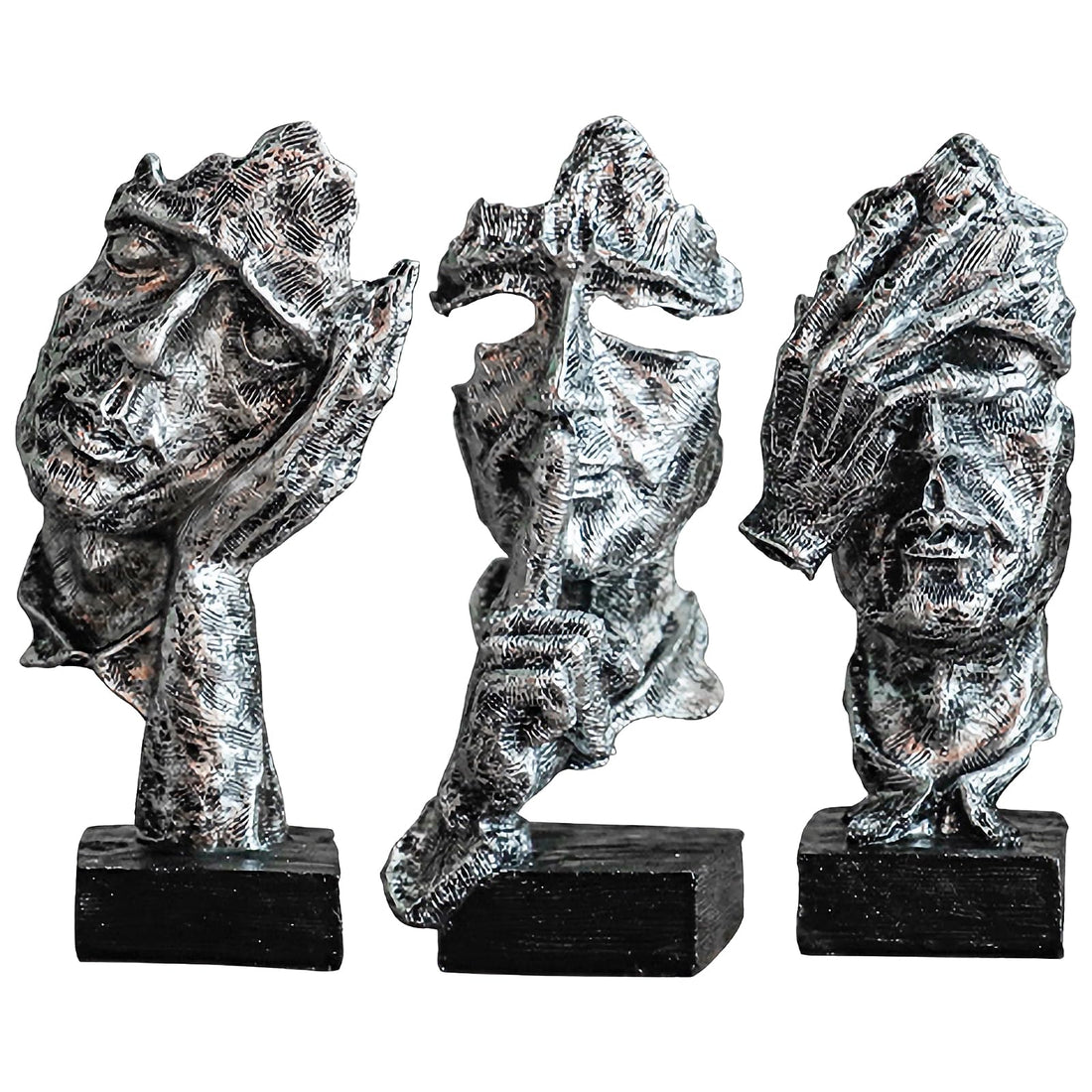 Abstract Trio Sculpture Modern Home Thinker Statue, Three Piece Set of Silent Gold Creative Facial Statues, Home Piano Desktop Creative Elegant Art Works, Office Study (Silver)