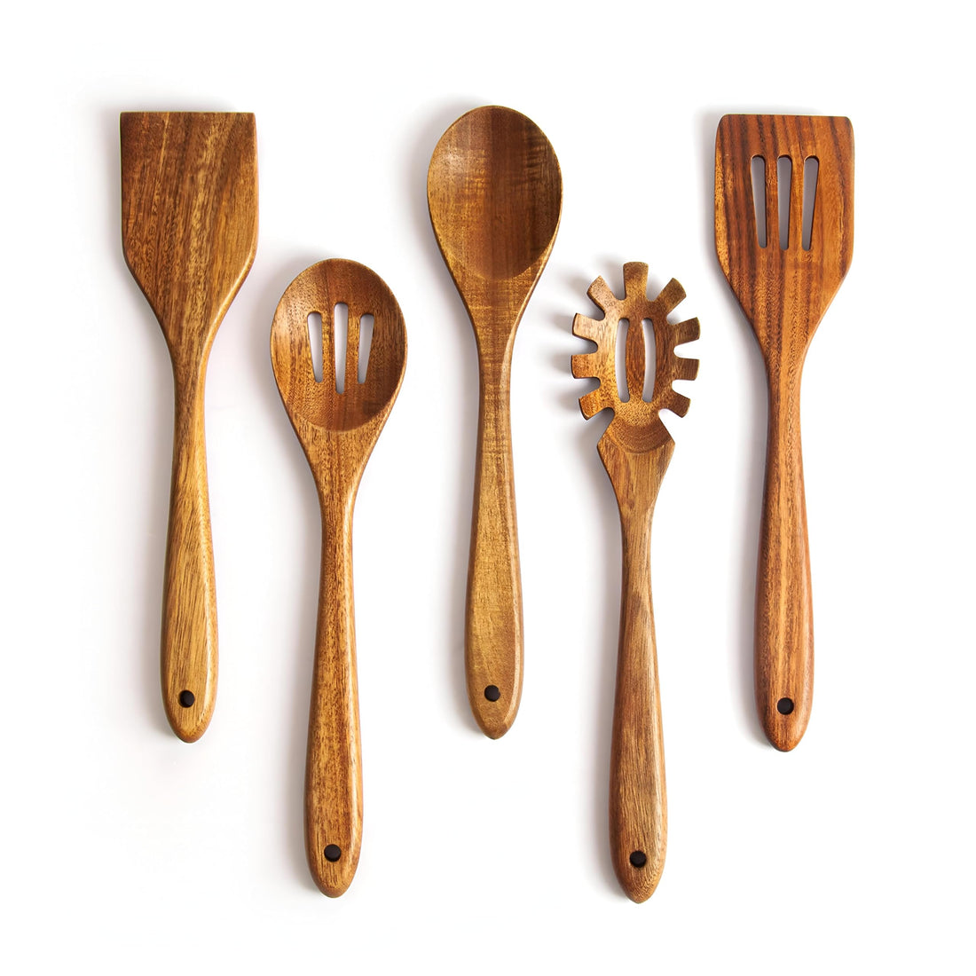 Acacia Wooden Spatula Set - 5-Piece Kitchen Utensils with Slotted and Pasta Spoons for Healthy Cooking and Durable Wooden Tools