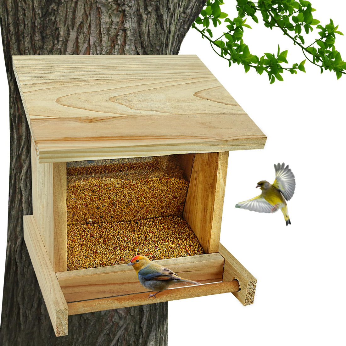 Wooden Bird Feeders, Large Capacity Bird Feeder with Opening Roof for Refill, Weatherproof Wild Bird Feeder Wood Box with Plastic Window, Squirrel Proof Feeders DIY for Outdoor Hanging
