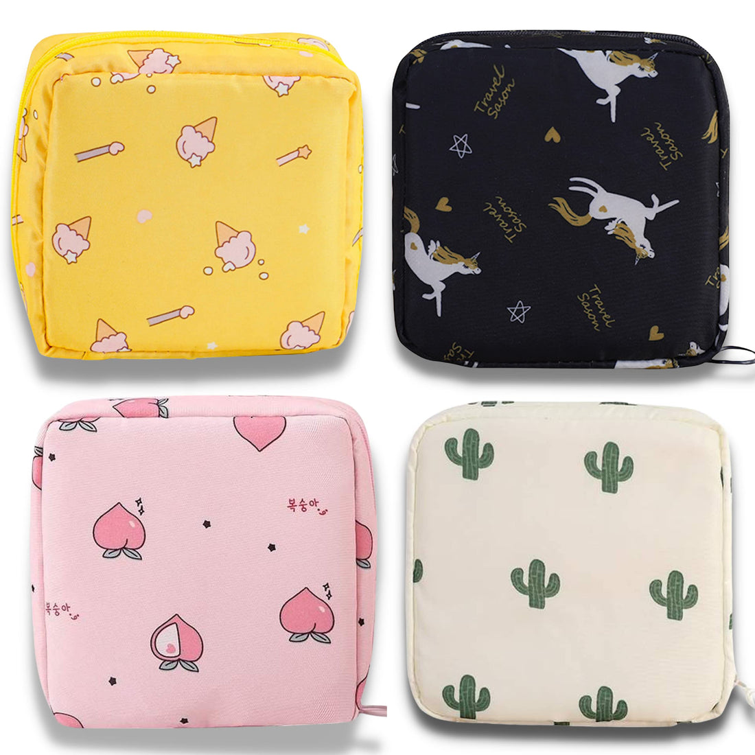 Adorable Pink Peri Reusable Sanitary Napkin Pads Storage Bag Portable for Women Girls | Made of Nylon + Water Resistance | Zero Waste Period (4-Pack) (Icecream + Peach + Unicorn + Cactus)