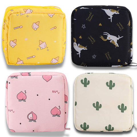 Adorable Pink Peri Reusable Sanitary Napkin Pads Storage Bag Portable for Women Girls | Made of Nylon + Water Resistance | Zero Waste Period (4-Pack) (Icecream + Peach + Unicorn + Cactus)